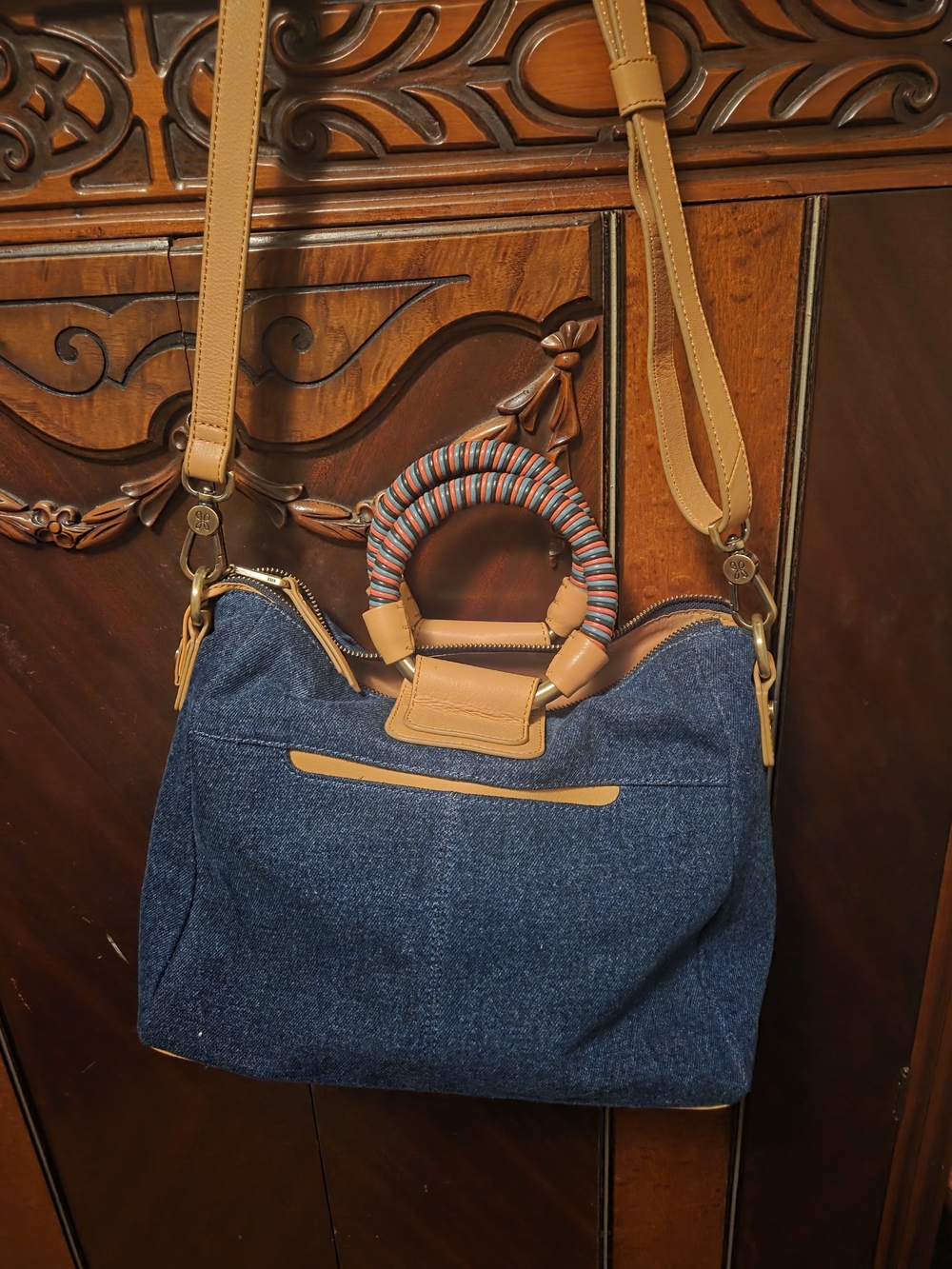 HOBO Navy Denim and Tan Leather Shoulder Bag with Wrapped Handle